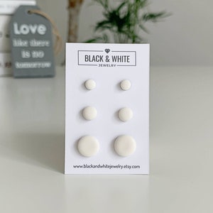 White stud set of 3, Simple round studs set, Mens studs titanium, White stud earrings, Round flat studs set, Everyday earrings white unisex