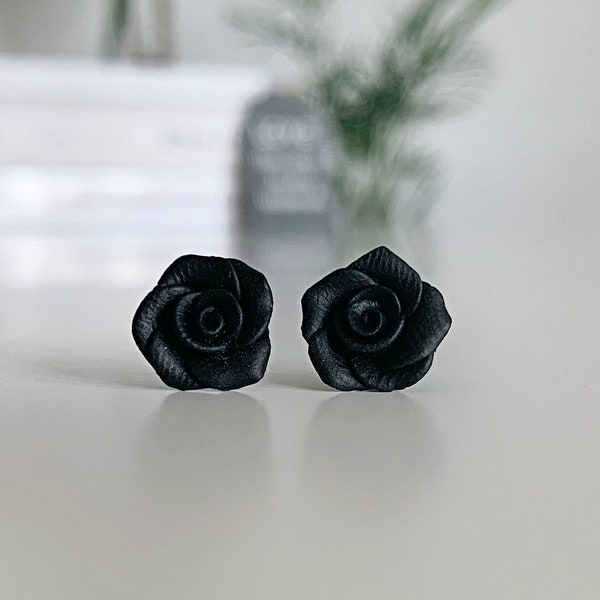 Small Rose Earrings, Black minimalist studs, Elegant earrings black, Gothic jewelry, Goth wedding, Titanium earrings, Girlfriend gif idea