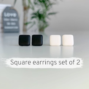 Black square studs set, Matte black earrings, Black and white mens studs, Simple studs, Small square posts, Minimalist studs matte black