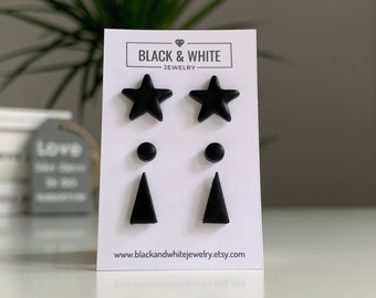 Mixed black studs set, Geometric studs set, Titanium post set of 3, Black star stud earrings, Mens studs minimal, Simple earrings everyday