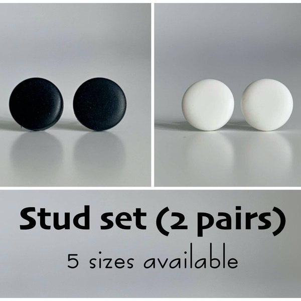 Black and white stud earrings set, Surgical steel studs, Unisex set of earrings, Everyday minimalist studs, Round post earrings simple