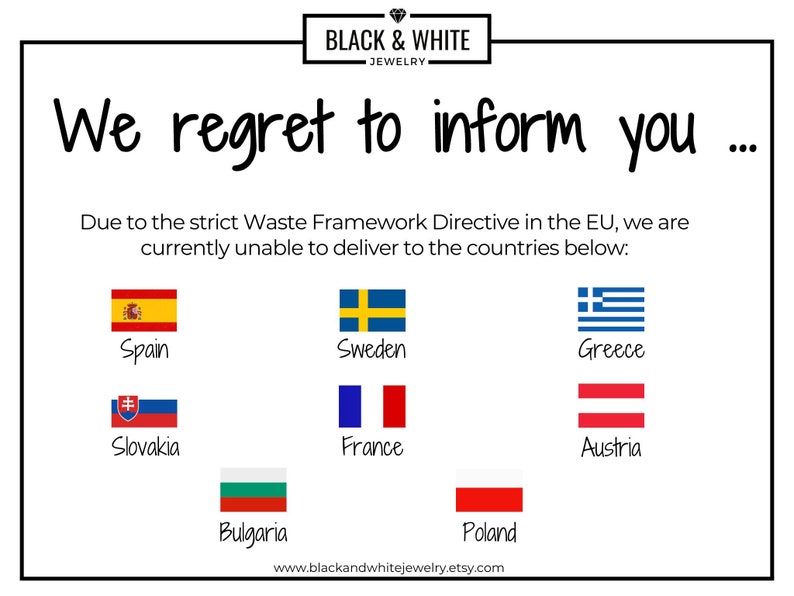 May include: A notice informing customers that due to the EU Waste Framework Directive, they are unable to ship to certain countries. The countries listed are Spain, Sweden, Greece, Slovakia, France, Austria, Bulgaria, and Poland. The notice includes flags for each country.