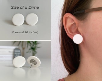 Large disk post earrings white, Geometric white studs, Big flat circle earrings,Titanium post, 18 mm studs white, Maxi statement earrings
