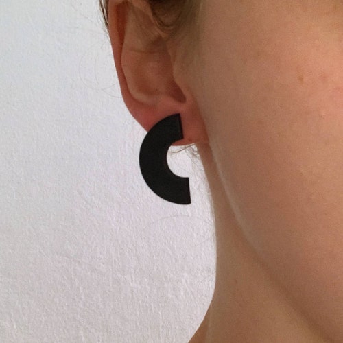 Minimalist black semi-circle earrings, Contemporary round statement earrings, Half circle earrings, shops Modern simple earrings matte black