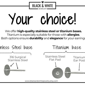 May include: A graphic showing two options for earring bases: stainless steel and titanium. The stainless steel option is 316 surgical stainless steel. The titanium option is a titanium ear post. The text reads "Your choice!" and "We offer high-quality stainless steel or titanium bases. Titanium is especially suitable for those with allergies. Both options ensure durability and elegance for your earrings."