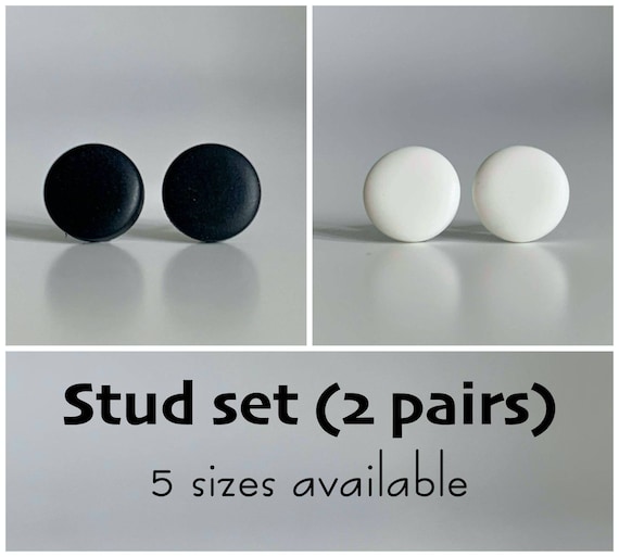 Black and white stud earrings set, Surgical steel studs, Unisex set of earrings, Everyday minimalist studs, Round post earrings simple