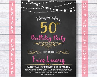 60th birthday invitation gold pink instant download 60th etsy