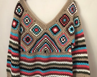 Kleurrijke gehaakte boho-trui, handgemaakte oma vierkante top, maat M
