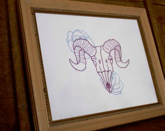 Cráneo de búfalo de agua - Arte de pared de aro bordado a mano