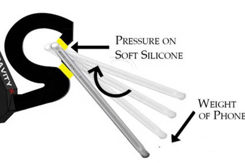 May include: A black phone stand with a yellow silicone grip. The stand is designed to hold a phone in place using the weight of the phone and pressure on the silicone grip.