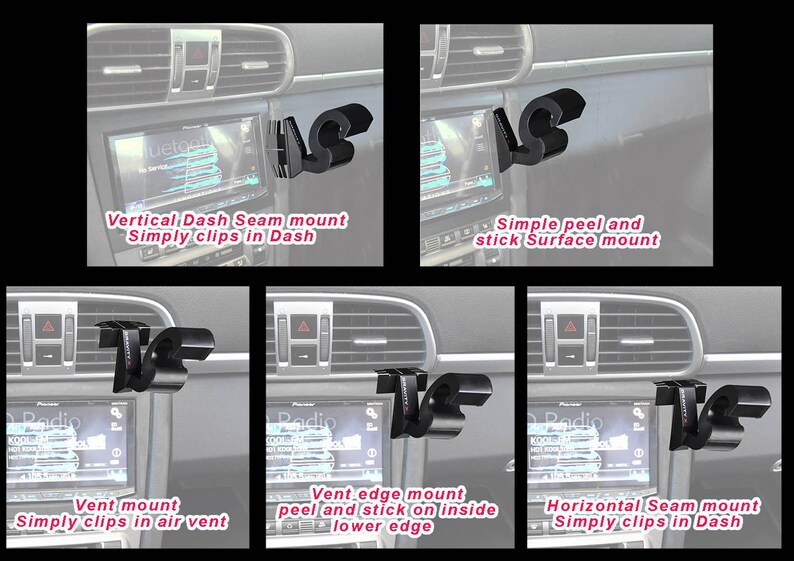 May include: A black phone mount with different mounting options. The mount can be clipped to a car vent, attached to a dash seam, or stuck to a surface. The mount is shown in different positions in a car.