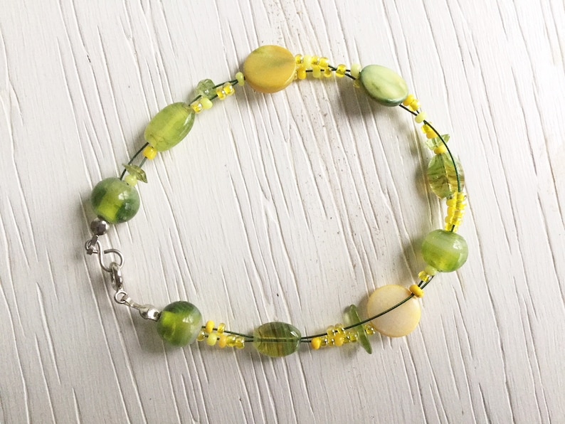 bracelet and earrings with seed beads and shell beads Set of yellow and green necklace
