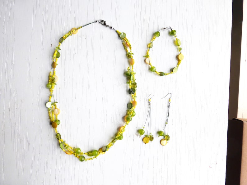 bracelet and earrings with seed beads and shell beads Set of yellow and green necklace