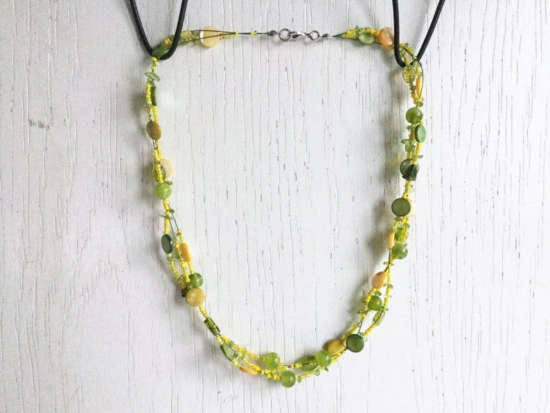 bracelet and earrings with seed beads and shell beads Set of yellow and green necklace