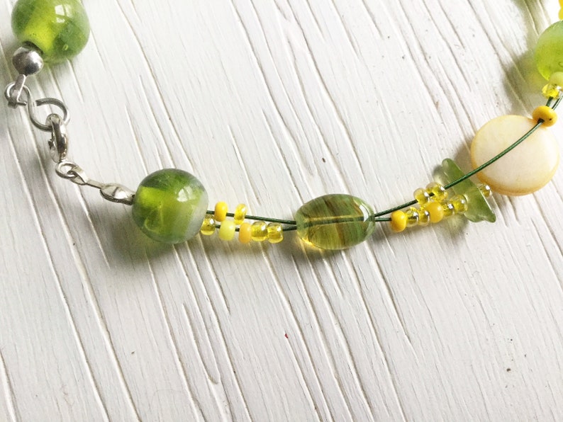 bracelet and earrings with seed beads and shell beads Set of yellow and green necklace