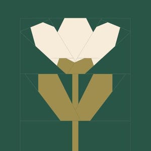 Könnte beinhalten: Geometrisches Blumendesign in Creme, Gold und Dunkelgrün. Die Blume hat cremefarbene Blütenblätter, goldene Blätter und einen goldenen Stiel, vor einem dunkelgrünen Hintergrund. Das Design ist eine stilisierte Darstellung einer Blume.