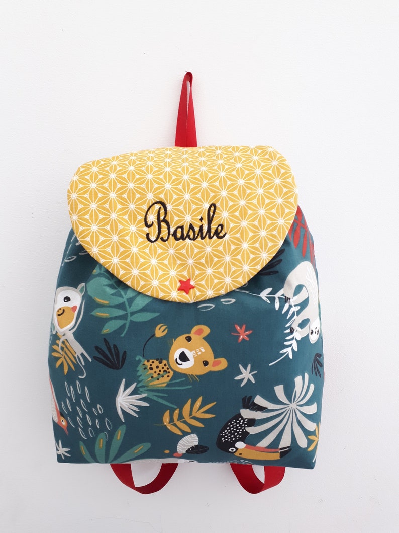 Personalized jungle child backpack, embroidered bag, nursery, school, child bag, satchel, kindergarten, personalized bag, boy bag, Christmas child gift image 1