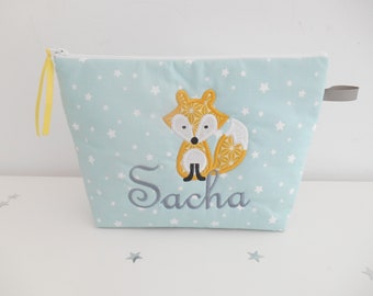 Personalized embroidered fox toiletry bag, personalized child kit, customizable baby kit, baby birth gift,