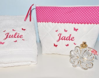 Box cadeau bain,Trousse de toilette +drap de douche papillons personnalisées brodée, pour femme, cadeau noël, naissance,cadeau de noël fille