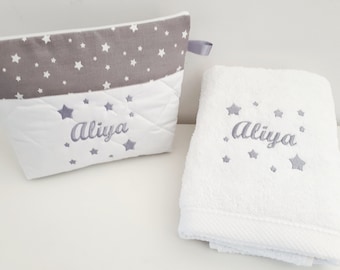 Box cadeau: serviette +trousse de toilette personnalisées brodée, pour lui,pour elle, cadeau personnalisé,naissance, cadeau noël femme,homme