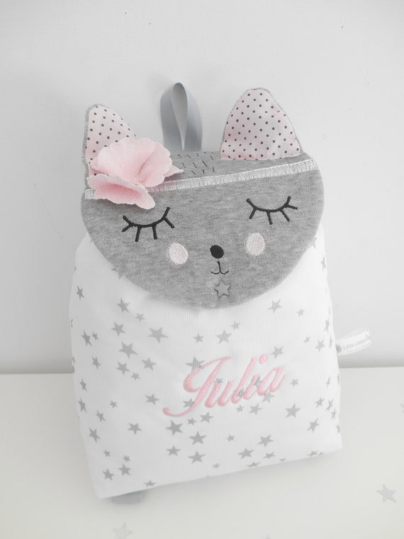 Sac a dos enfant le chat Miaou personnalisé, sac brodé, pour crèche,  balade, école,sac enfant,cartable, maternelle, sac personnalisé -   France