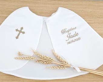 Cape bébé et enfant en satin blanc pour baptême, Motif aux choix et cape enfant personnalisée
