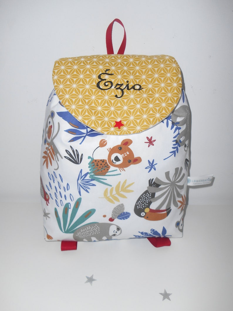 Personalized jungle child backpack, embroidered bag, nursery, school, child bag, satchel, kindergarten, personalized bag, boy bag, Christmas child gift jungle fond blanc