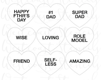 Dad Conversation Hearts Stencil, Convo Hearts, Father's Day, Cookie Stencil