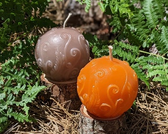 Fern ball candle, eco-friendly, handmade from recycled wax, rustic natural fern sphere, hand poured, unique colors, 4 inches tall/across