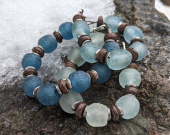 Recycled glass bracelet, handmade from natural, recycled, reclaimed materials, blue African glass beads, leather, chunky rustic bracelet