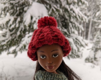 Doll snow hat, pompom beanie, all natural 100% wool, hand knitted, madeunder dolls, fits Bratz, Bratz Kidz, Moxie Girlz, winter hat
