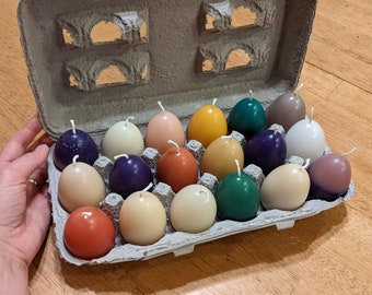 Sustainable egg candles, hand poured from recycled wax, Easter egg candles, spring, chickens, handmade, unique colors, 2.5 by 1.5 inches
