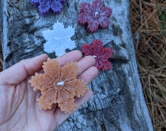 Sustainable snowflake candle, 2.5 inches wide, leaf mandala, eco-friendly recycled wax, hand poured, multiple colors, rustic snowflake