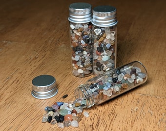 Jar of natural gems, tiny semiprecious gemstones, real rock collection, geologic specimens, natural history, rockhound, curiosity cabinet