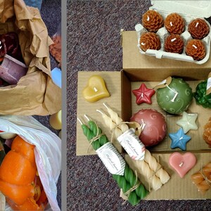 May include: Before and after image showing a collection of candles in a brown paper bag and then organized in a cardboard box. The candles are in various shapes, sizes, and colors, including red, green, purple, yellow, and orange.