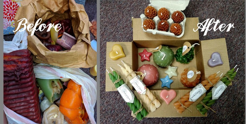 May include: Before and after image showing a collection of candles in a brown paper bag and then organized in a cardboard box. The candles are in various shapes, sizes, and colors, including red, green, purple, yellow, and orange.