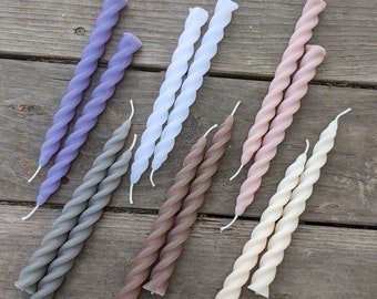 Eco-friendly spiral taper candles, "unicorn," handcrafted from recycled wax, hand poured, unique colors, sold by the pair, 7-1/2 inches tall