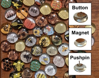 Eco-friendly bee items, choose from pushpins, buttons, and magnets, bees, beekeeping, apiary, functional handmade recycled glass decor gifts