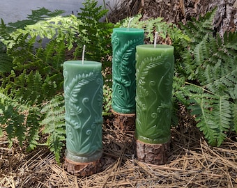 Fern pillar candle, eco-friendly rustic candle handmade from recycled wax, natural forest garden, hand poured, 7 1/8 in tall, 2 1/2 in wide