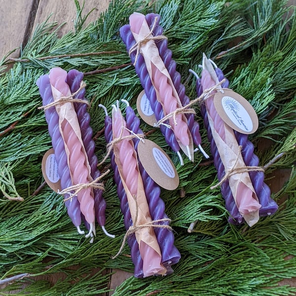 Handmade Advent candles, set of 4, 7-1/2-inch spiral tapers, eco-friendly recycled wax, hand poured, purple and pink, Christian tradition