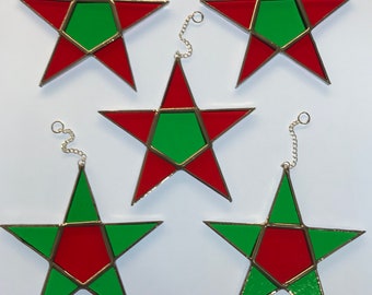 Sweet Little Stained Glass Stars X 5 In Green & Red. Gift, Home Decoration.