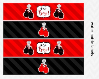 Printable Water Bottle Labels - Red & Black - Boxing - Boxer - Baby Shower - PRINTABLE - INSTANT DOWNLOAD