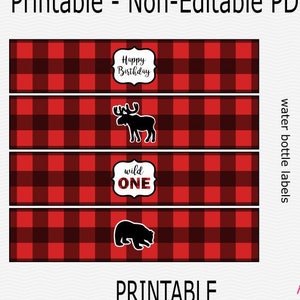Lumberjack Birthday Water Bottle Labels - Buffalo Plaid - Red, Black - Wild One - Happy 1st Birthday - PRINTABLE - INSTANT DOWNLOAD