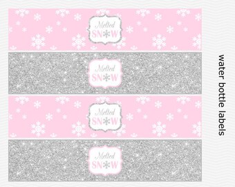 Printable Melted Snow Water Bottle Labels - Light Pink & Silver - Happy Birthday - Baby Shower - Girl Snowflake PRINTABLE - INSTANT DOWNLOAD