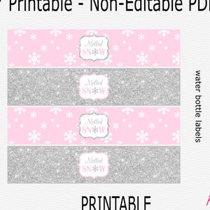 Printable Melted Snow Water Bottle Labels - Light Pink & Silver - Happy Birthday - Baby Shower - Girl Snowflake PRINTABLE - INSTANT DOWNLOAD