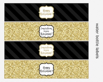 Retirement Water Bottle Labels - Black & Gold Glitter - Happy Retirement Party - PRINTABLE - INSTANT DOWNLOAD