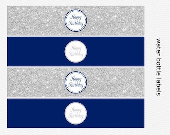 Happy Birthday Water Bottle Labels - Navy Blue & Silver Sparkle - Birthday Party - PRINTABLE - INSTANT DOWNLOAD