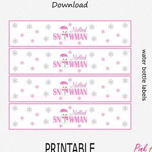 Melted Snowman Water Bottle Labels - Pink & Silver Sparkle - Birthday Baby Shower Girl Snowflake - PRINTABLE - INSTANT DOWNLOAD