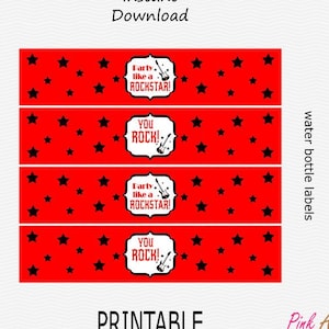 Printable Water Bottle Labels - Red & Black - Rockstar - Guitar - Birthday - PRINTABLE - INSTANT DOWNLOAD