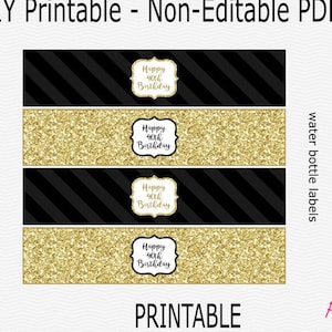 Printable Happy 40th Birthday Water Bottle Labels - Black & Gold Glitter - Birthday Party - 40 - PRINTABLE - INSTANT DOWNLOAD